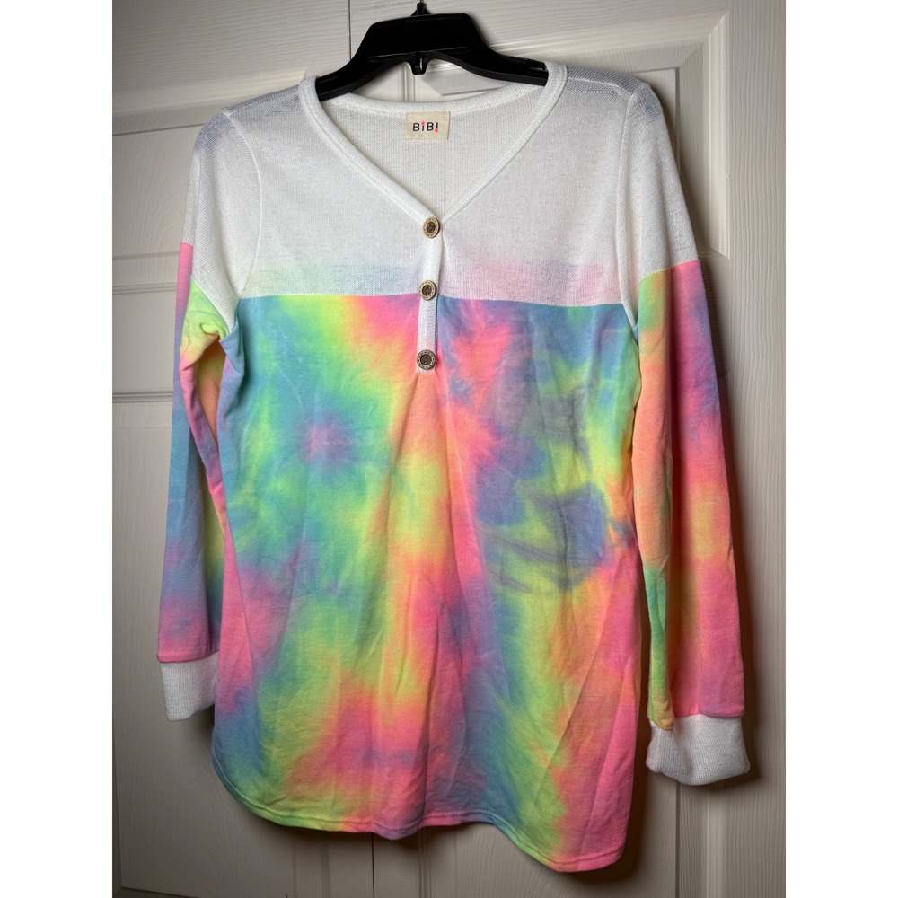 BiBi Tie Dye Henley Top Womens Medium‎ Neon Pink Yellow Blue Long Sleeve